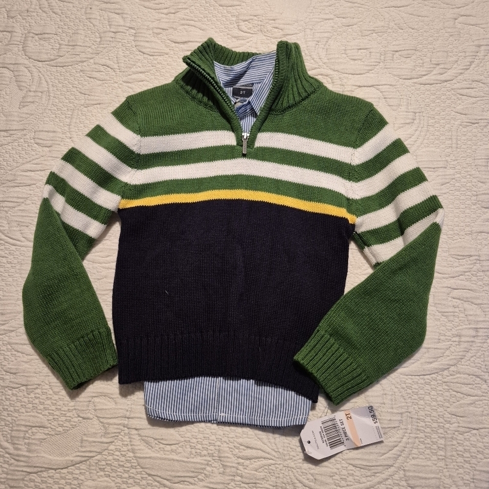 Nautica boys 2T button down shirt matching 1/4 zip sweater NWT